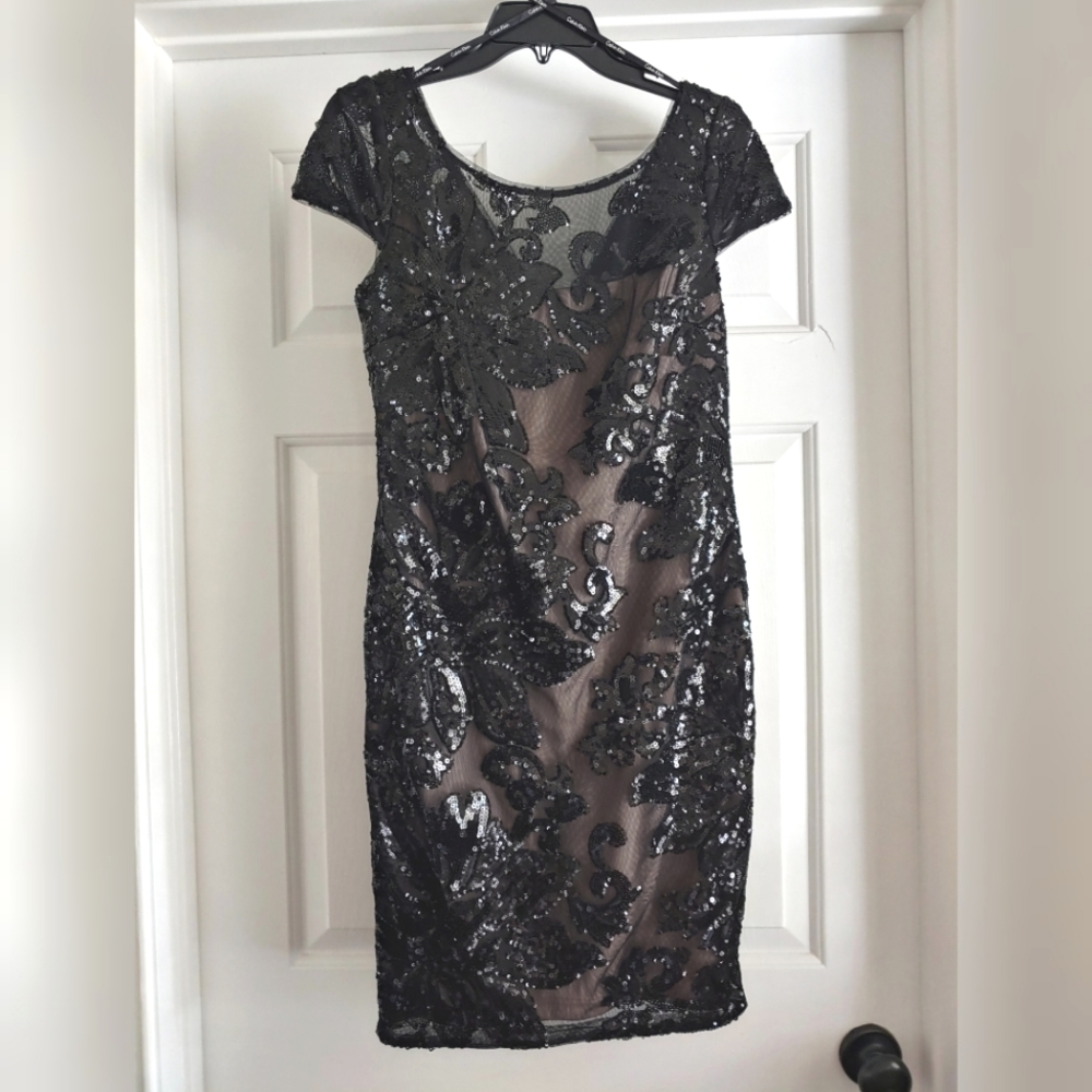 Sequined sheer cap sleeve bodycon lined cocktail dress. Chic elegant LBD Size 4